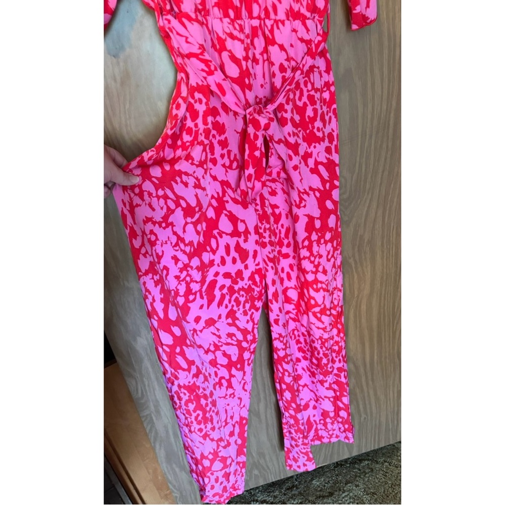 Hot Pink Batwing Sleeve Belted Wide Leg Jumpsuit - Picture 5 of 9